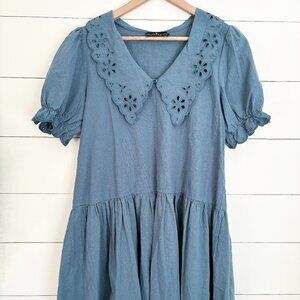 Pomander Place 100% cotton blue dress with large peter pan collar